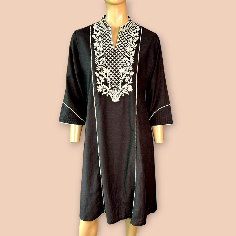 Nayam By Lakshita Linen Blend Embroidered Indian Kurta Tunic Top Womens L Black